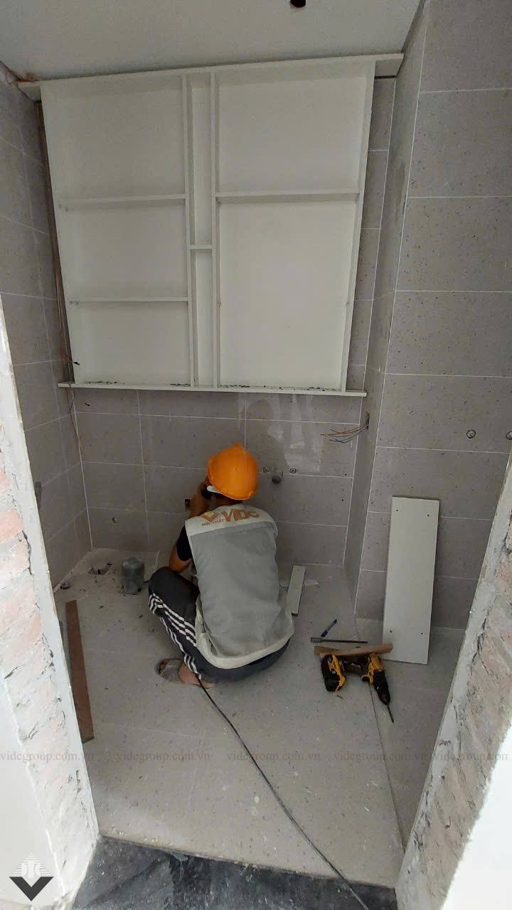 Triển khai thi công lắp đặt hoàn thiện hạng mục tủ chậu lavabo